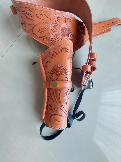 Western Leather Gun Holster – Handmade Full Grain – Fits Heritage, Taurus, Colt Revolvers – .22 .38/357 .44/45 Cal – Hand-Curved Cowboy Style