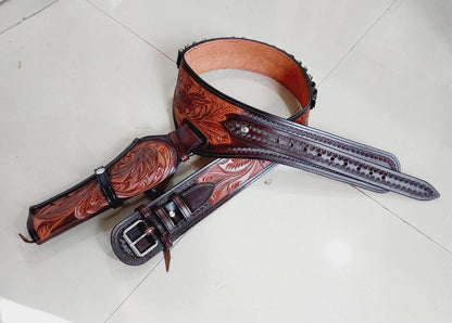 Cowboy Western Leather Gun Holster with Belt – Right Hand Draw – Handmade – Fits 3-4" to 8-9" Barrel Revolver – .22, .38/357, .44/45 Cal