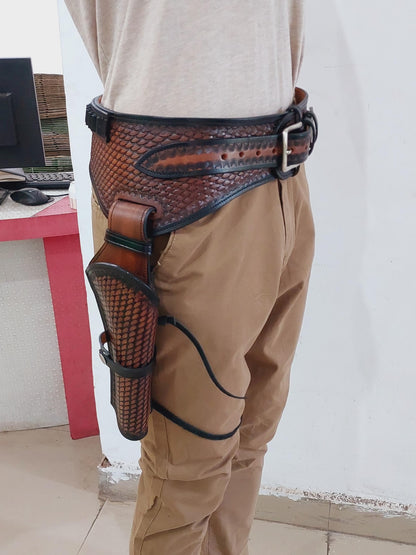 Handcrafted Western Leather Gun Holster & Belt – Right Hand Draw – Fits 3.4" to 8.9" Revolver – .22 .38/357 .44/45 Cal – Cowboy Style