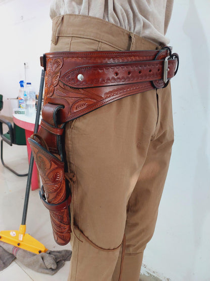 Western Gun Holster with Belt – Leather Cowboy Holster Right Hand Draw – Fits 4” to 6.5” Revolvers – .22, .38/357, .44/45 Caliber