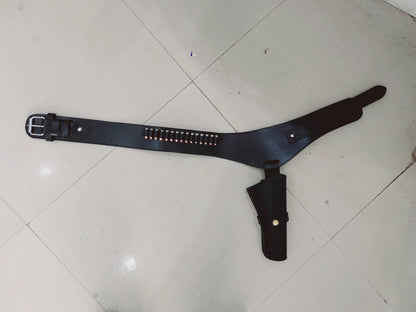 Western Gun Holster Belt – Cowgirl Style – Handmade Full-Grain Black Leather – Fits 3.5" to 8.9" Revolvers – .22 .38/357 .44/45 Cal