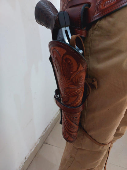 Western Gun Holster with Belt – Leather Cowboy Holster Right Hand Draw – Fits 4” to 6.5” Revolvers – .22, .38/357, .44/45 Caliber