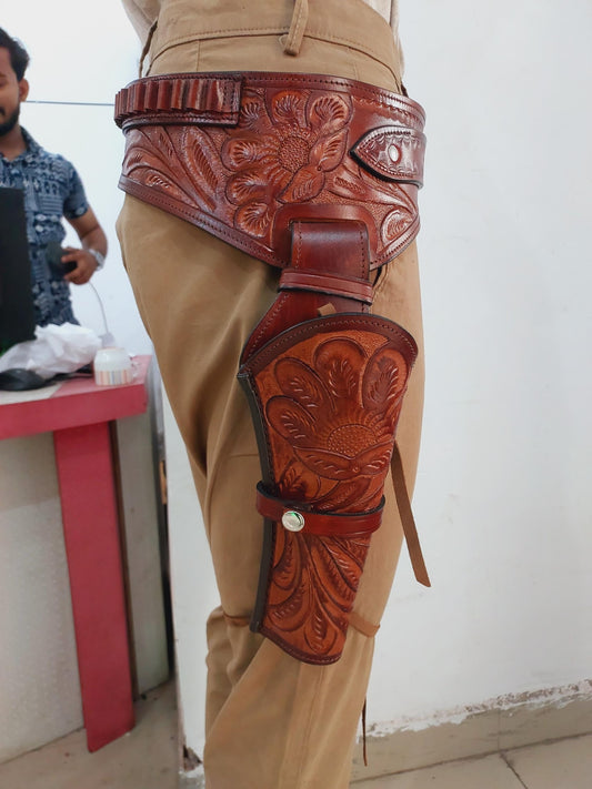 Western Gun Holster with Belt – Leather Cowboy Holster Right Hand Draw – Fits 4” to 6.5” Revolvers – .22, .38/357, .44/45 Caliber