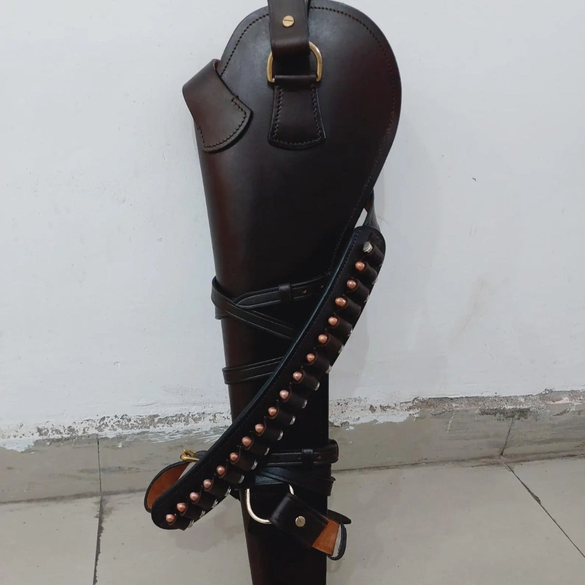 Western Rifle Scabbard – 22” Long – Hand Curved Full Grain Leather – Adjustable Shoulder Strap – Black Finish – Fits Mare’s Leg & Short Barrel Rifles