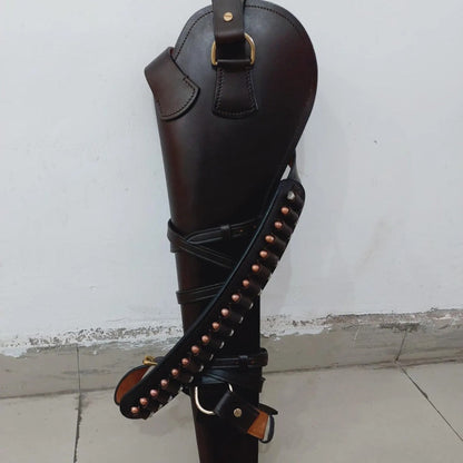 Western Rifle Scabbard – 22” Long – Hand Curved Full Grain Leather – Adjustable Shoulder Strap – Black Finish – Fits Mare’s Leg & Short Barrel Rifles