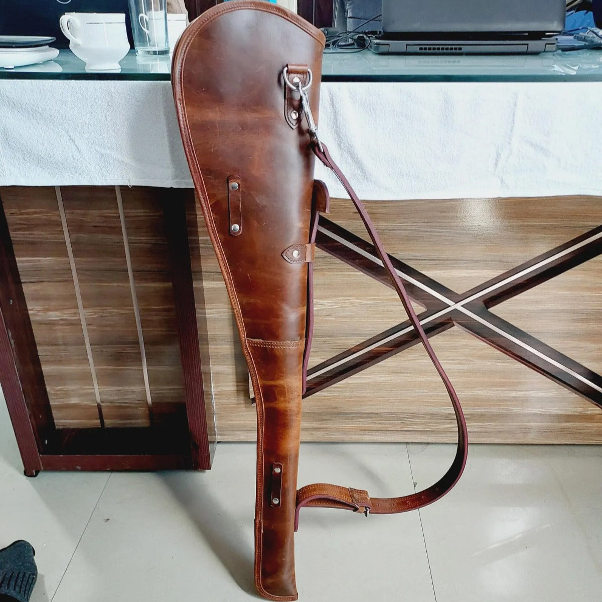 33-inch Western Leather Rifle Scabbard in Army Green – Full Grain Handmade Gun Case with Adjustable Strap