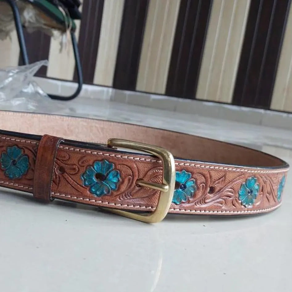 Western Cowboy Belt for Men – Handmade Carved Leather with Brass Buckle