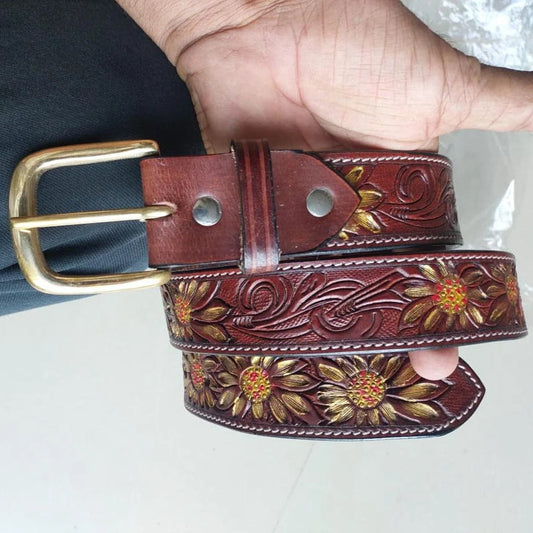 Western Cowboy Belt for Men – Handmade Carved Leather with Brass Buckle