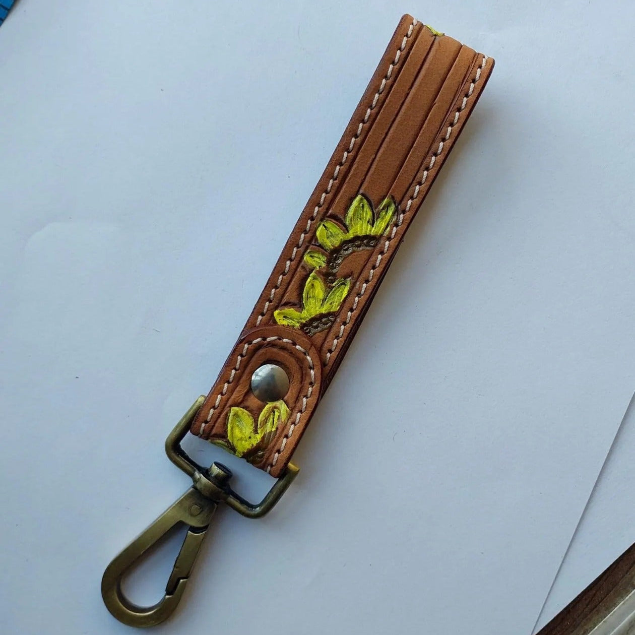 Hand Tooled Floral Leather Keychain ring