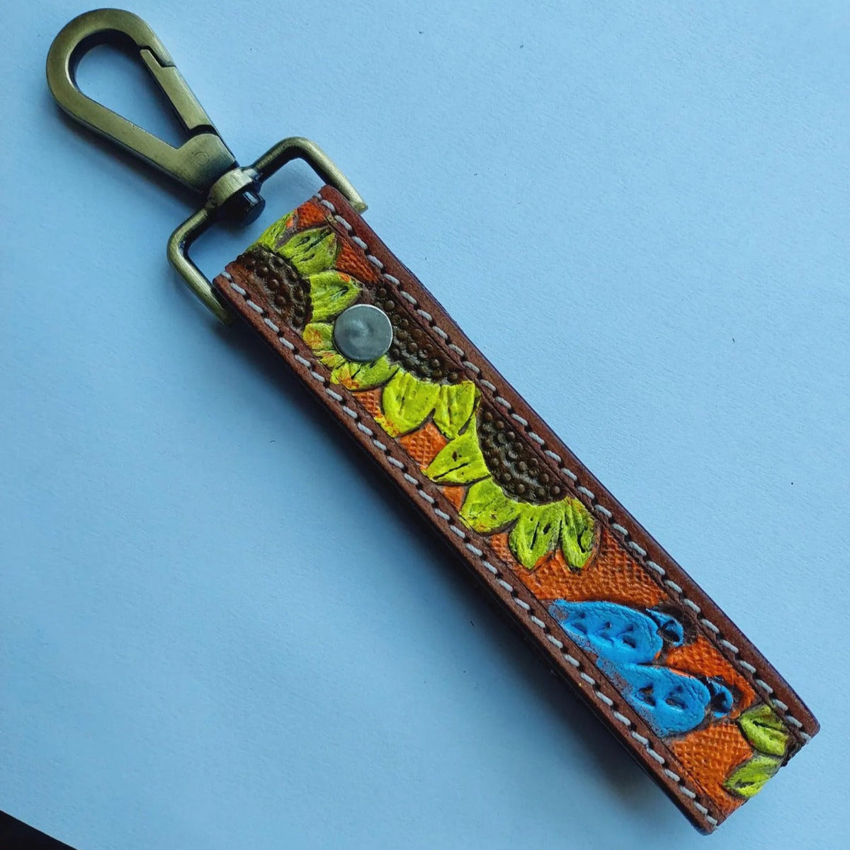Leather Keychain Wristlet Hand Tooled Floral Design
