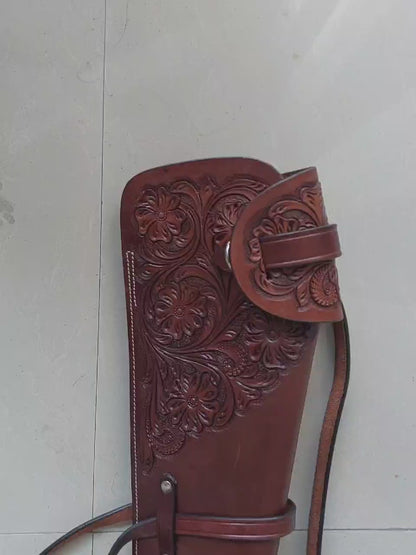Western Leather Rifle Scabbard – 33” Long – Hand Tooled Full Grain Leather – Adjustable Saddle Straps – Fits Henry, Marlin, Winchester Lever Action Rifles