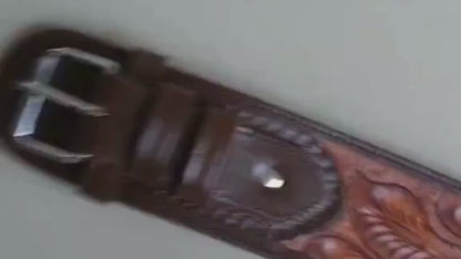 Handmade Western Leather Gun Holster Belt – Eagle  Floral Tooled Design – Fits 3.5” to 8.9” Barrel – .22, .38/357, .44/45 Cal