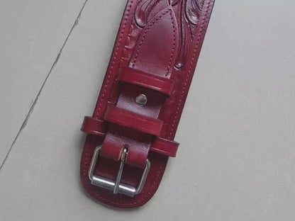 Cowgirl Western Gun Holster Belt – Handmade Burgundy Leather – Fits 3.6" to 8.9" Barrel – .22 .38/357 .44/45 Cal