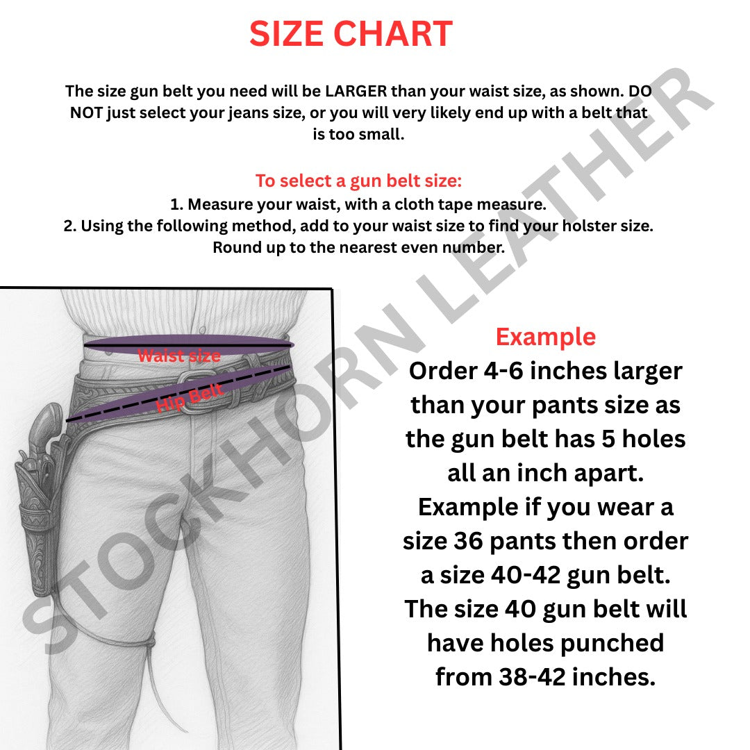 Western gun holster for 4 to 6.5 inch barrel revolvers – .22, .357, .44/45 caliber fit – leather belt attachment view