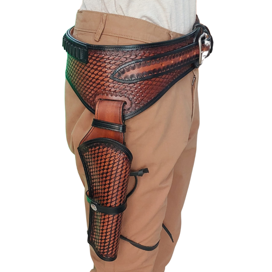 Western leather gun holster for belt – handmade tooled full grain leather – fits 4 to 6.5 inch revolvers – right-hand draw